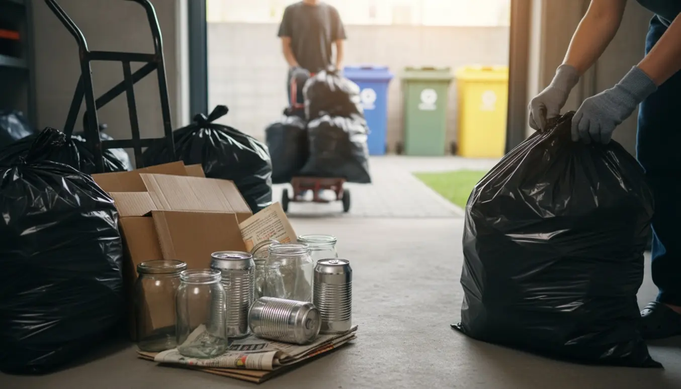 Sorte affaldssække flyttes og sorteres ved en nærliggende miljøstation med handsker og genbrugsmaterialer synlige.