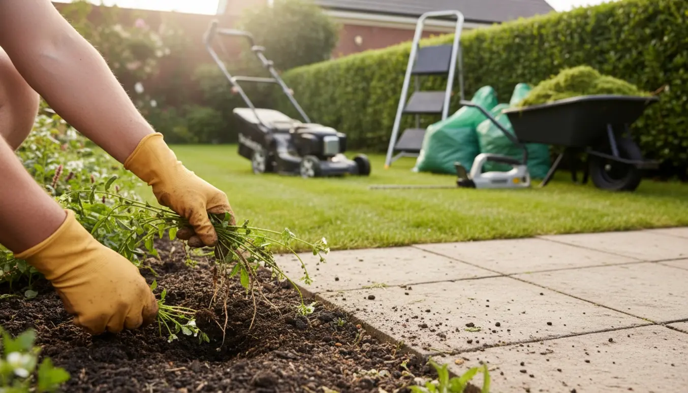 Lille have under opfriskning med nyslået græs, klippet hæk og sække til haveaffald.