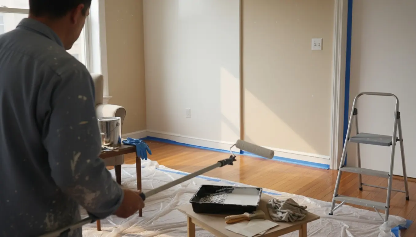 En maler i gang med at male en lejlighedsvæg, med afdækning og malerværktøj i et lyst rum.