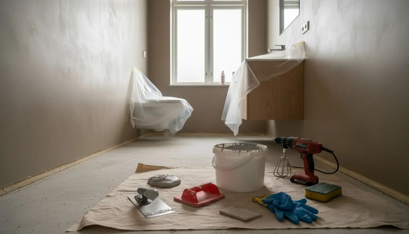 Moderne badeværelse under renovering med færdige microcementvægge og værktøj ved et gulv, hvor sidste lag mangler.