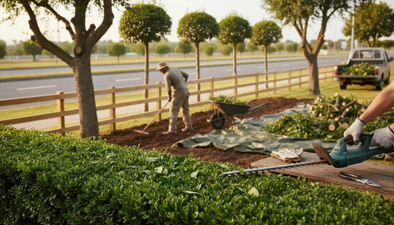 Nyklippet hæk, beskårne træer og jord samt haveaffald klar til bortkørsel ved vejen.