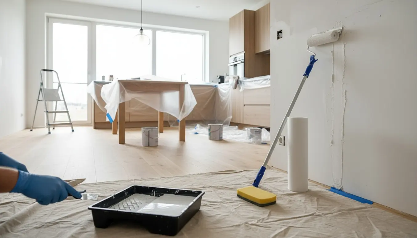 Køkkenalrum under renovering med en hånd, der spartler væg, filt og malerudstyr klar.