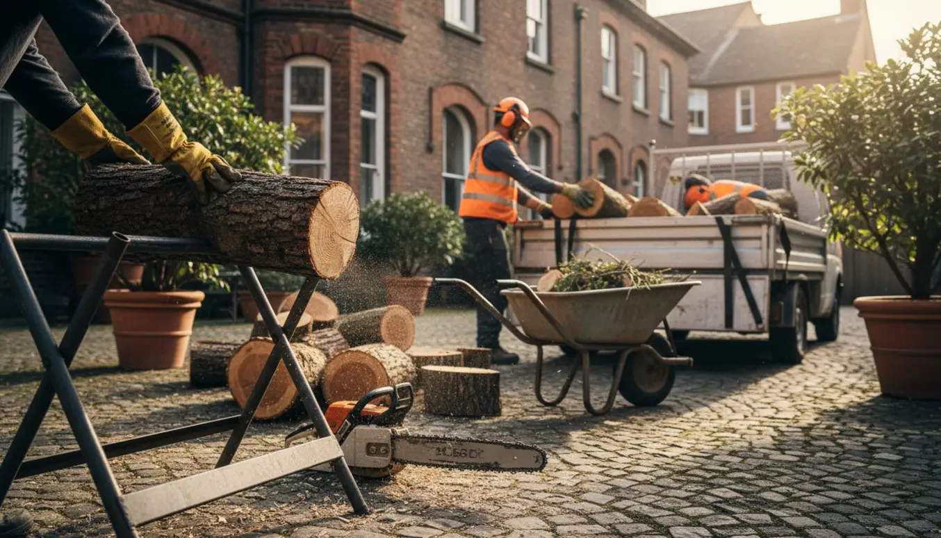 En baggård hvor et fældet træ saves op og læsses på en trailer.