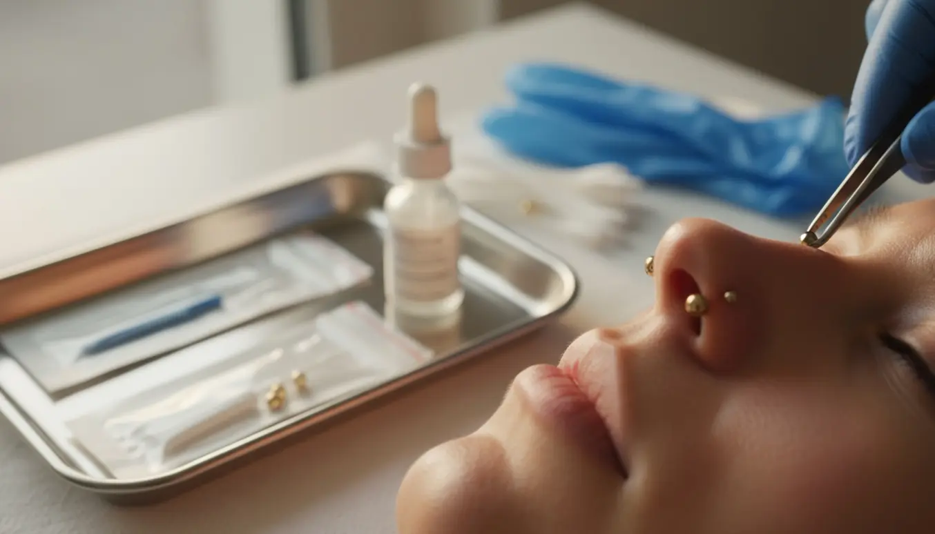 Nærbillede af to friske næsepiercinger med sterile værktøjer i baggrunden.