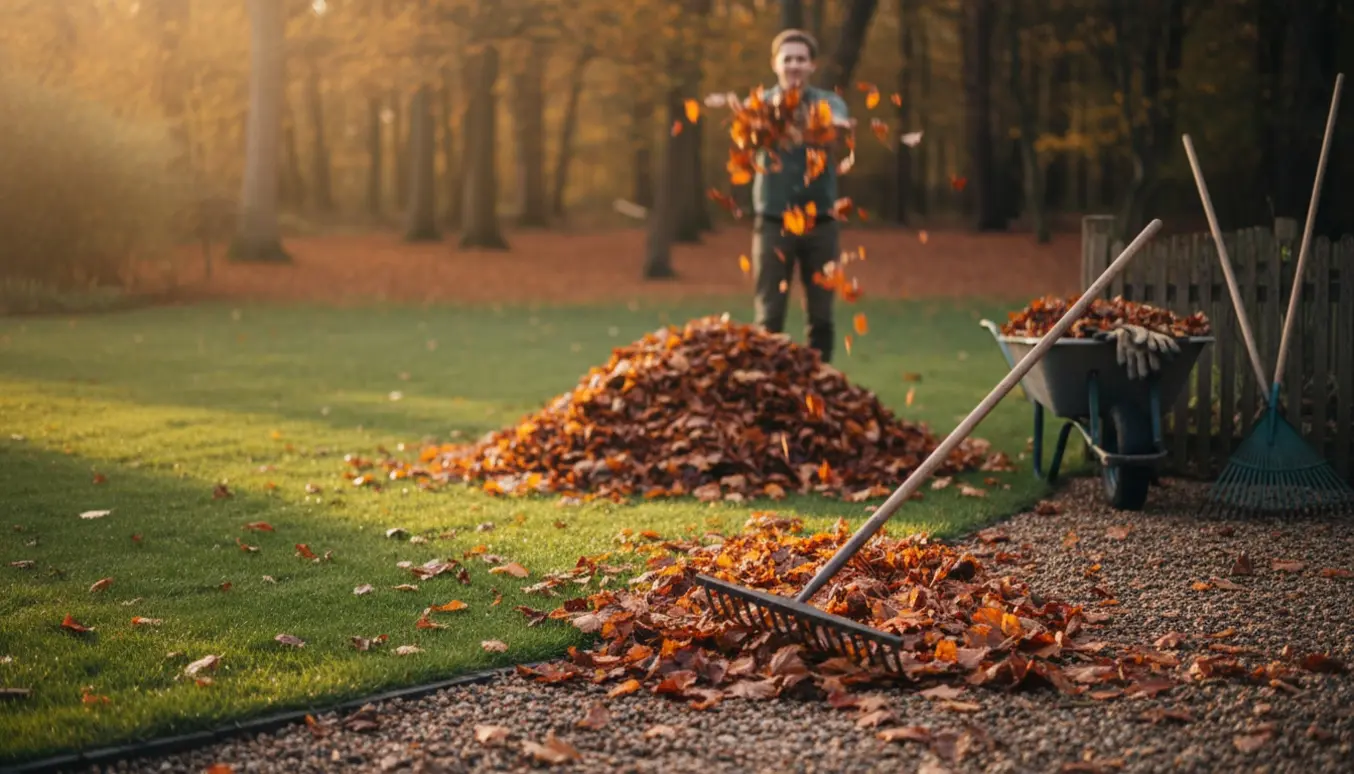 Rive blade væk fra græsplæne og grussti ved skovkanten med trillebør og redskaber i efterårslys.