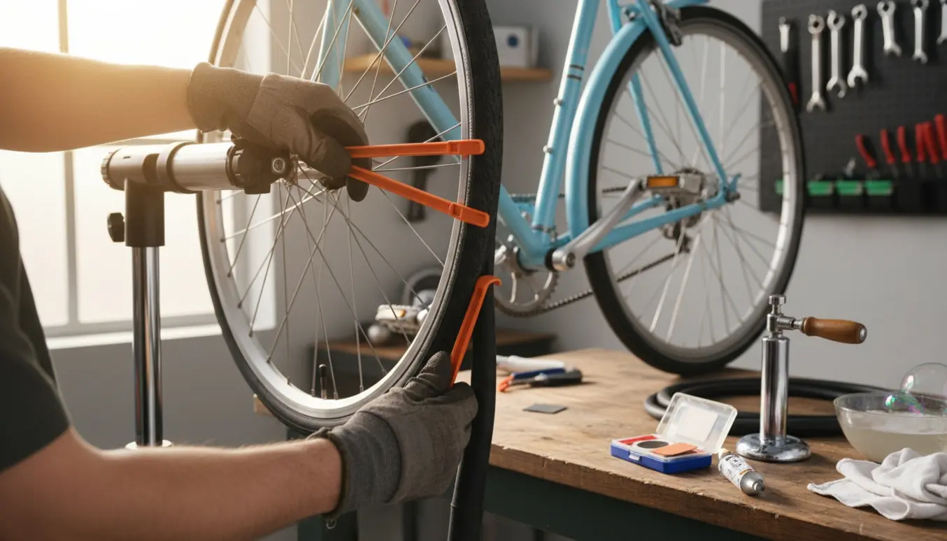 Hænder fjerner et fladt cykeldæk ved et lyst værkstedsbord med lappekit og pumpe.