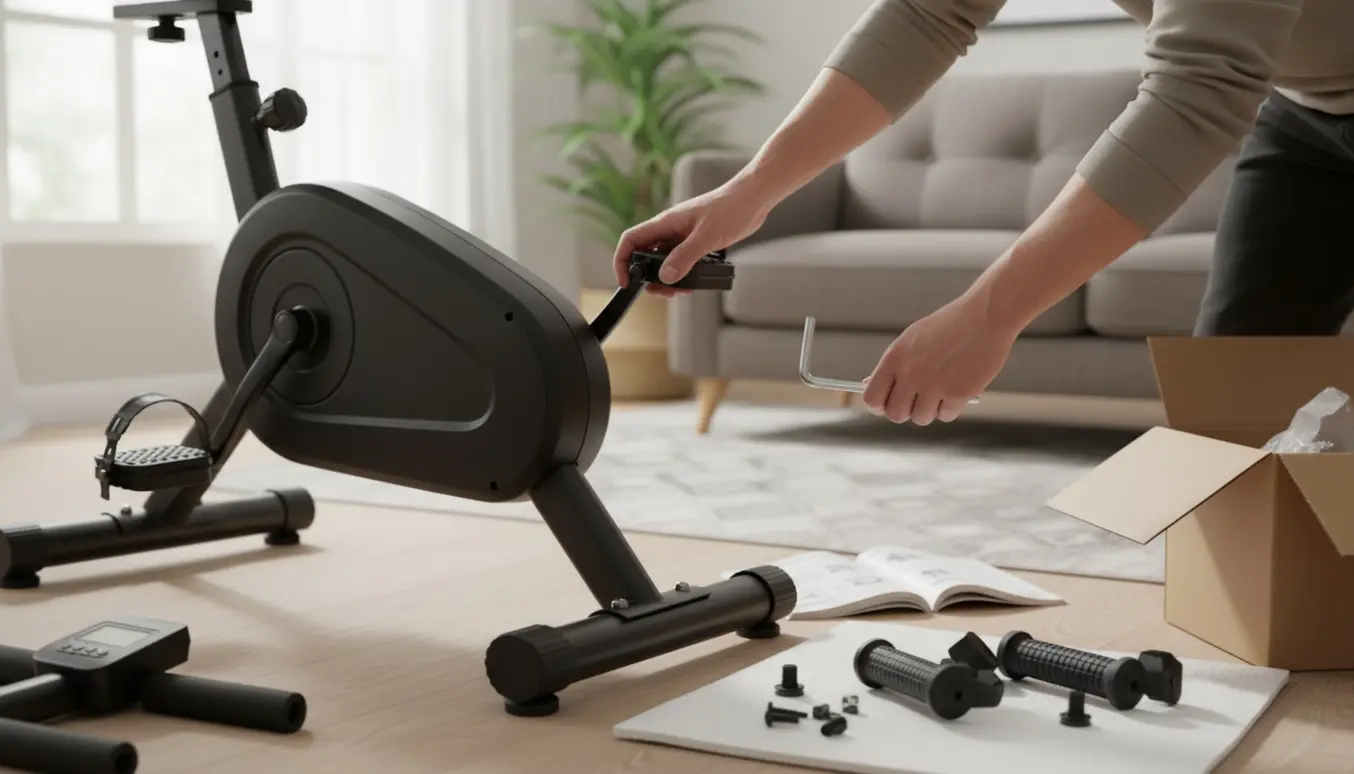 Delvist samlet motionscykel på trægulv med hænder, værktøj og udpakningsmaterialer.