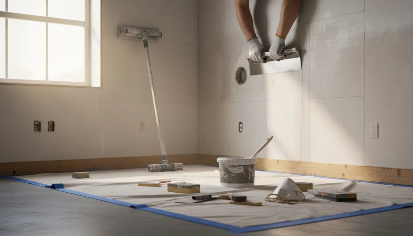 Hænder spartler og sliber vægge i et rum med afdækket gulv og lukkede huller.