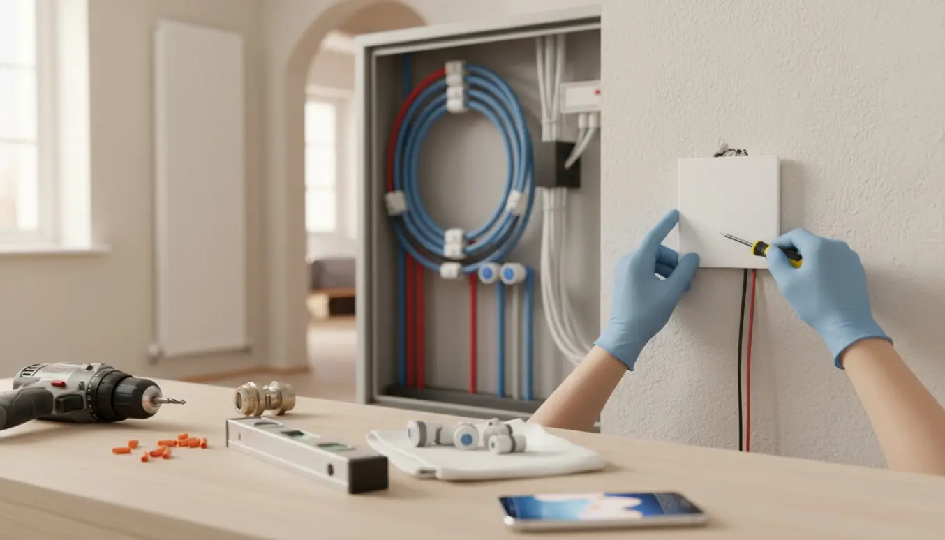 Hænder installerer en smarttermostat ved siden af en åben gulvvarmefordeler med radiator i baggrunden.