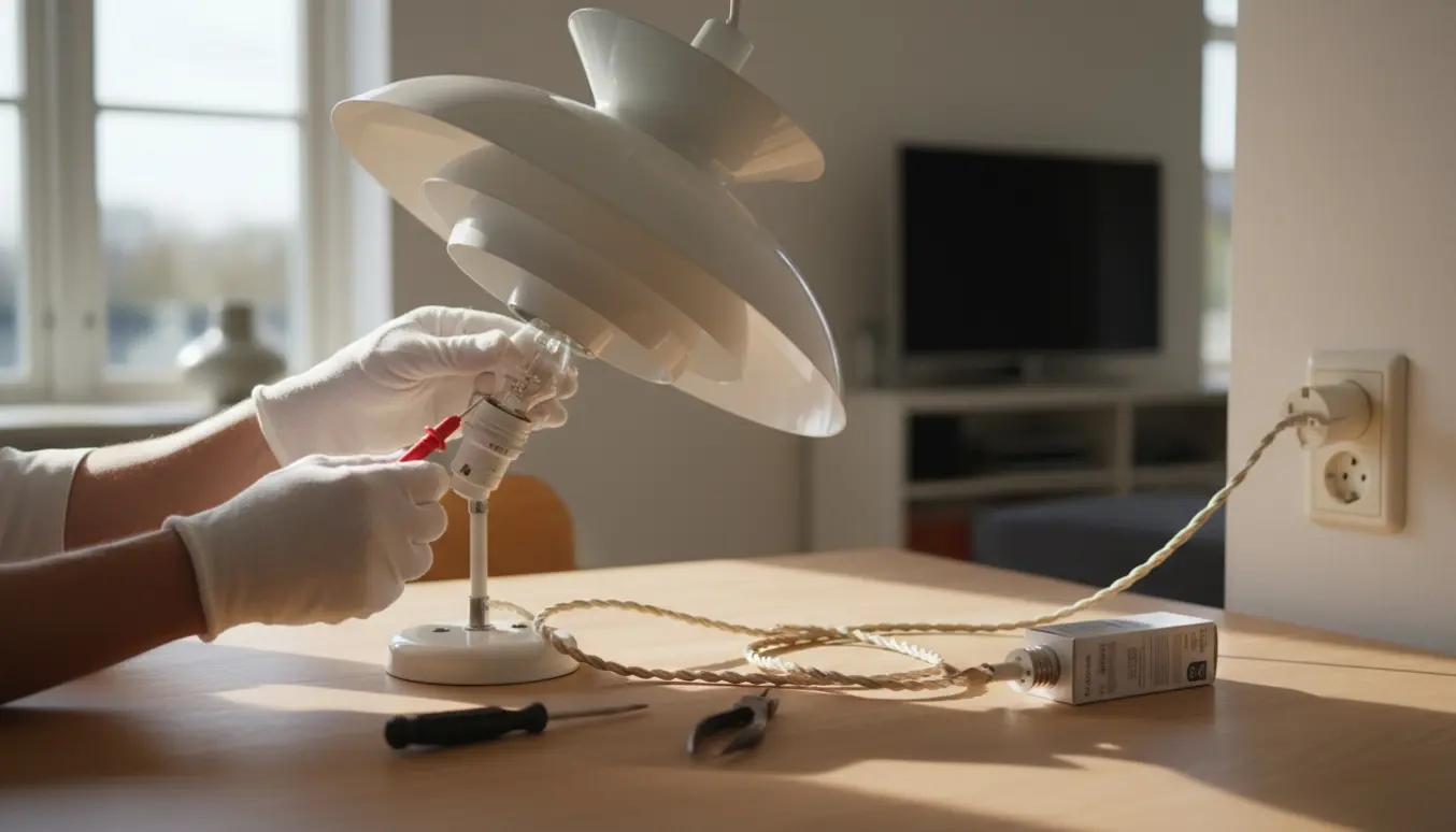 Nærbillede af hænder, der fejlfinder en PH spisebordslampe med multimeter og værktøj på et træbord.