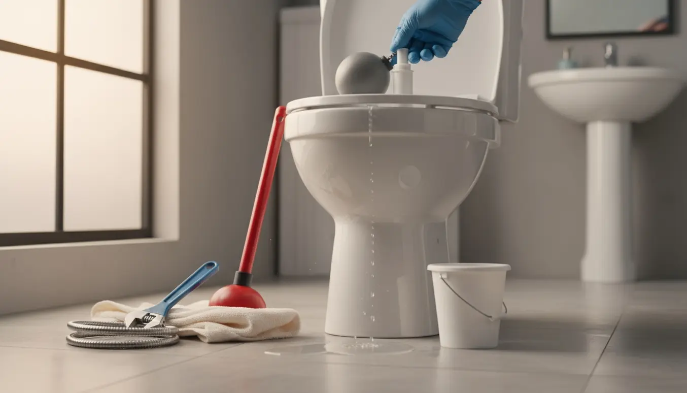 Åbent toilettank og værktøj i et badeværelse klar til reparation af et toilet, der ikke trækker.