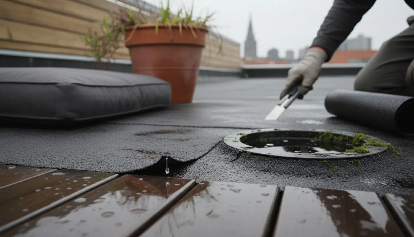 Beskadiget tagpap på en våd flad tagterrasse med vandpytter og en dråbe, der er ved at falde gennem en revne.