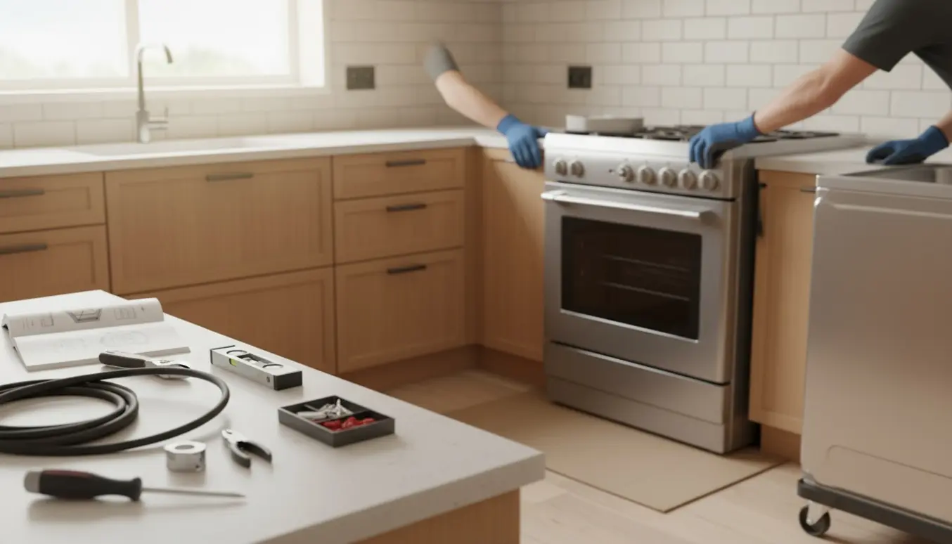 Hænder skubber et nyt elektrisk komfur på plads i et køkken, klar til tilslutning.