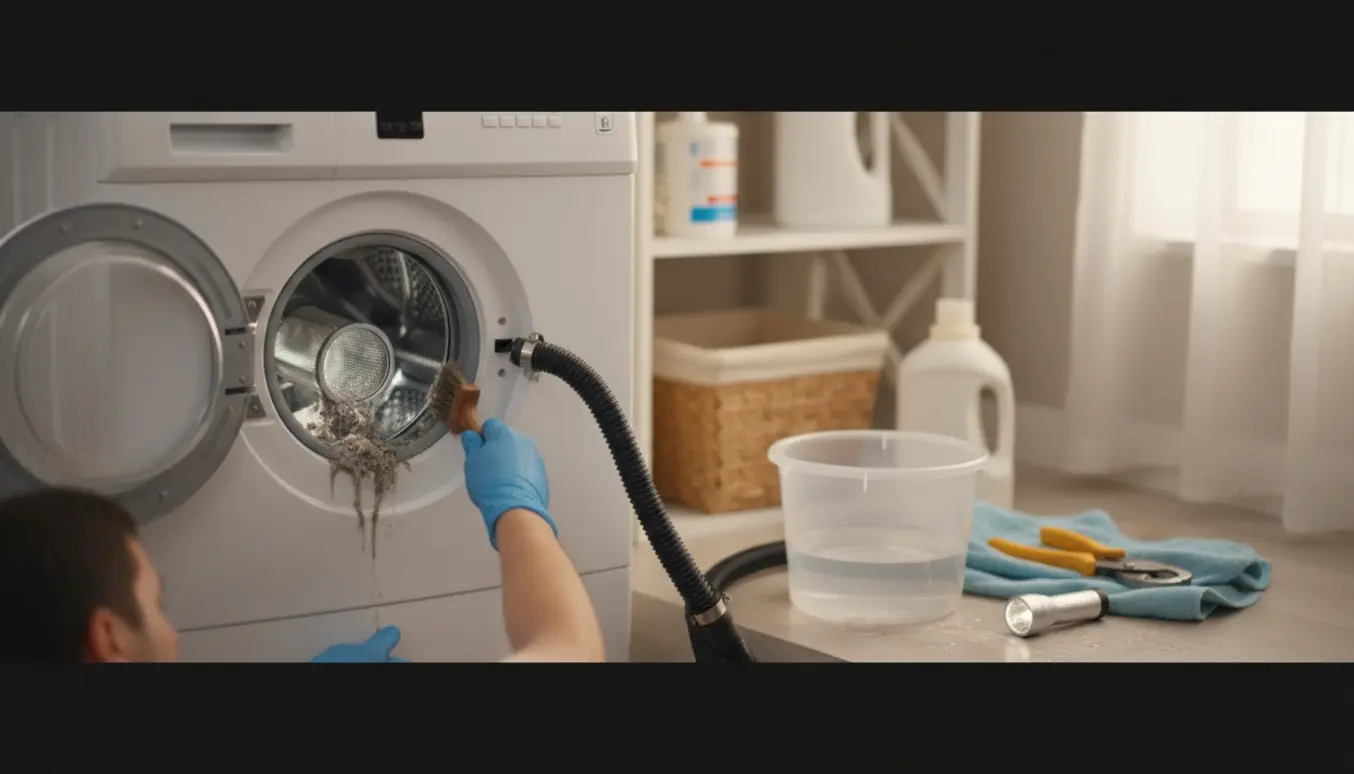 Hænder tjekker vaskemaskinens filter, mens en anden hånd tøver ved afløbsslangen i et lyst bryggers.