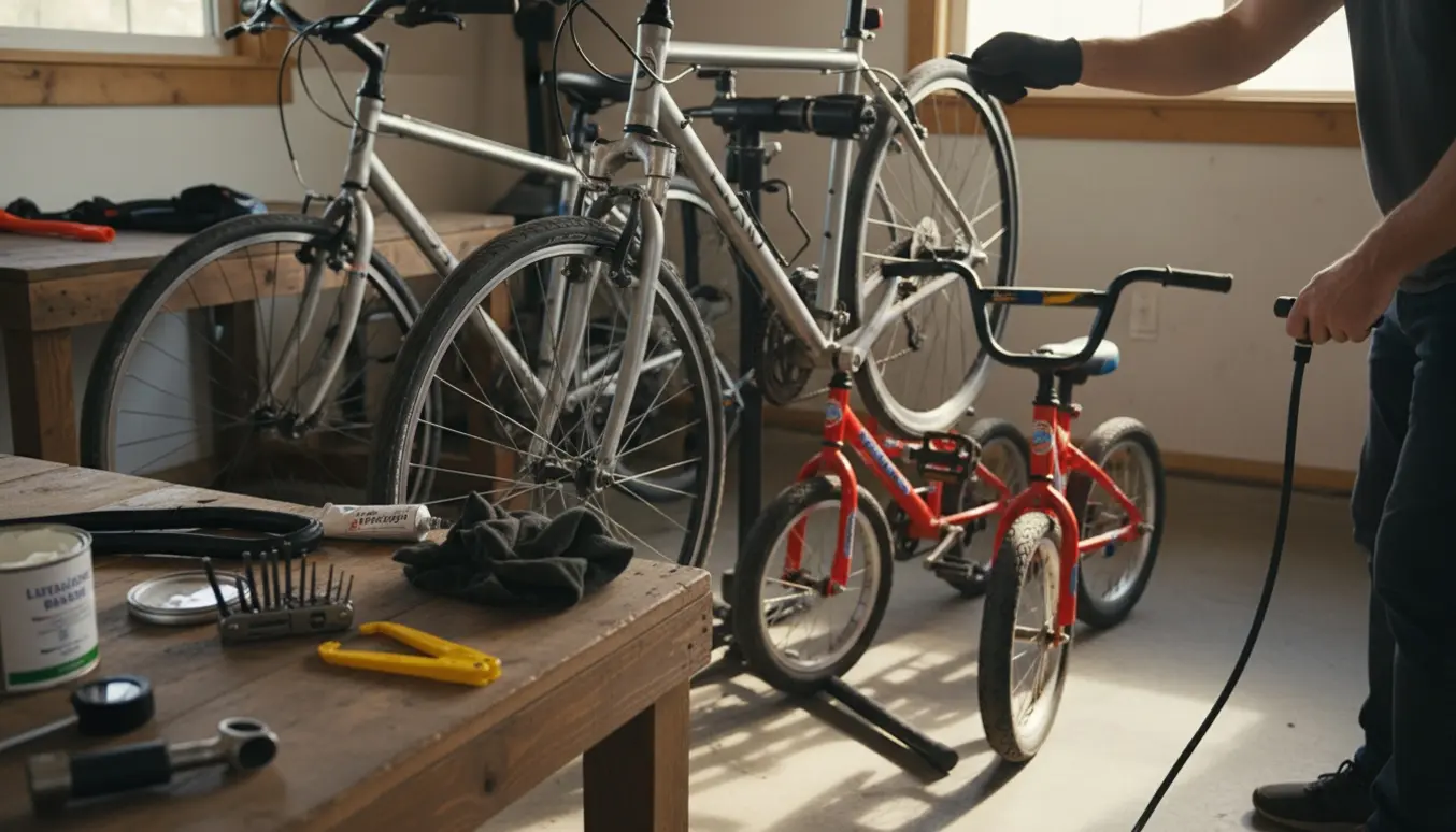 Hænder servicerer fire cykler i et soloplyst skur med kædeolie, pumpe og værktøj.