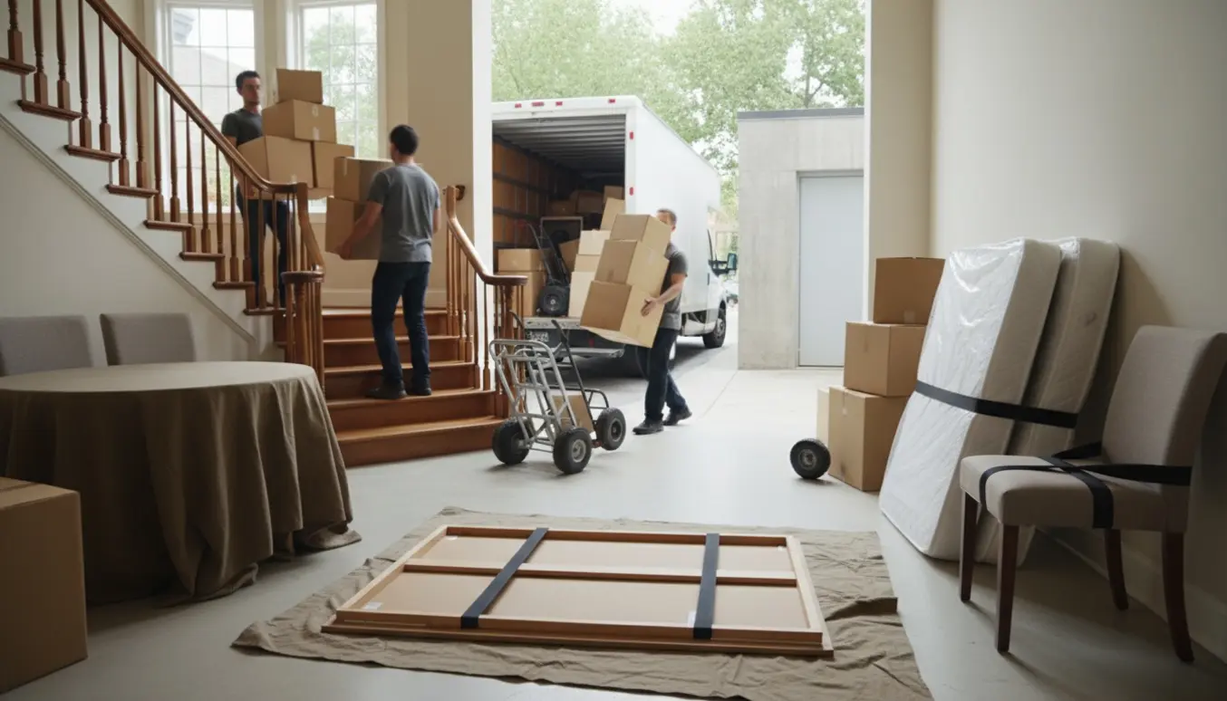 Flyttefolk bærer flyttekasser og møbler ned ad trappen mod en åben varevogn og en opbevaringsenhed uden synlige ansigter.