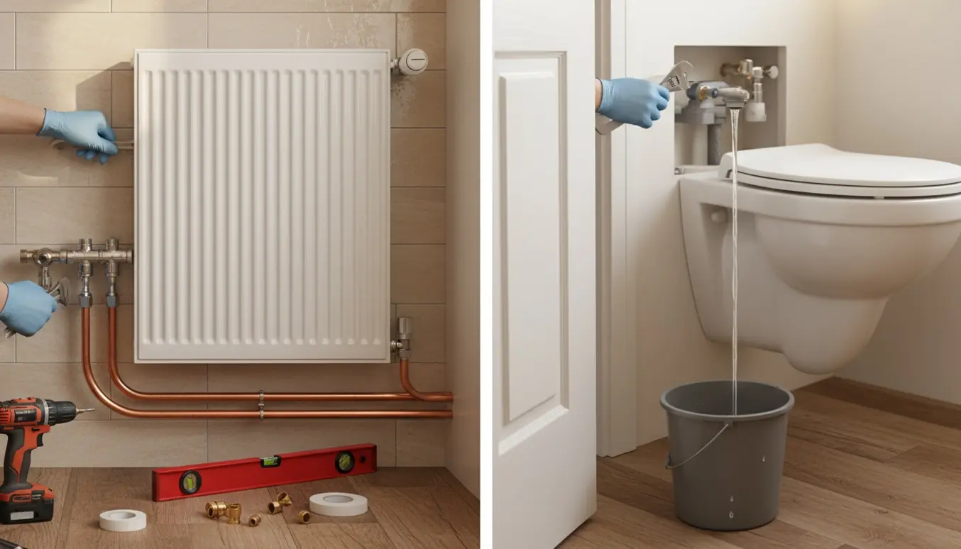 En hånd monterer en stor radiator i køkkenet, mens en anden tjekker et væghængt toilet med løbende vand.