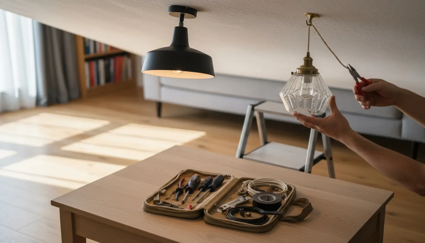 Hænder monterer to loftlamper, én moderne og én gammel med wireophæng, i naturligt dagslys.