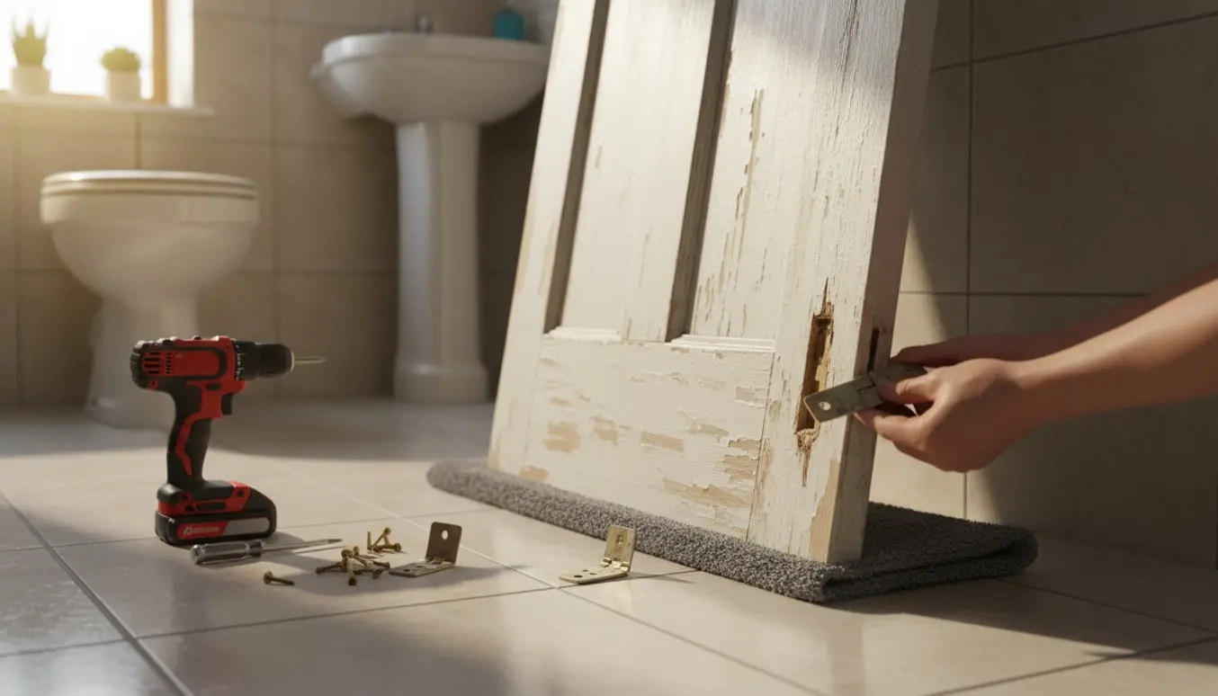 Toiletdør står op ad væggen efter at være faldet ud af begge hængsler, med værktøj og løse skruer på flisegulvet.