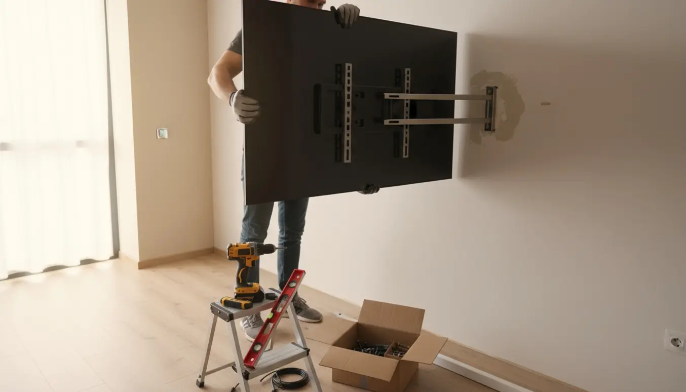 En person monterer et fladt TV på væggen med boremaskine og vægbeslag i en lys, moderne stue.