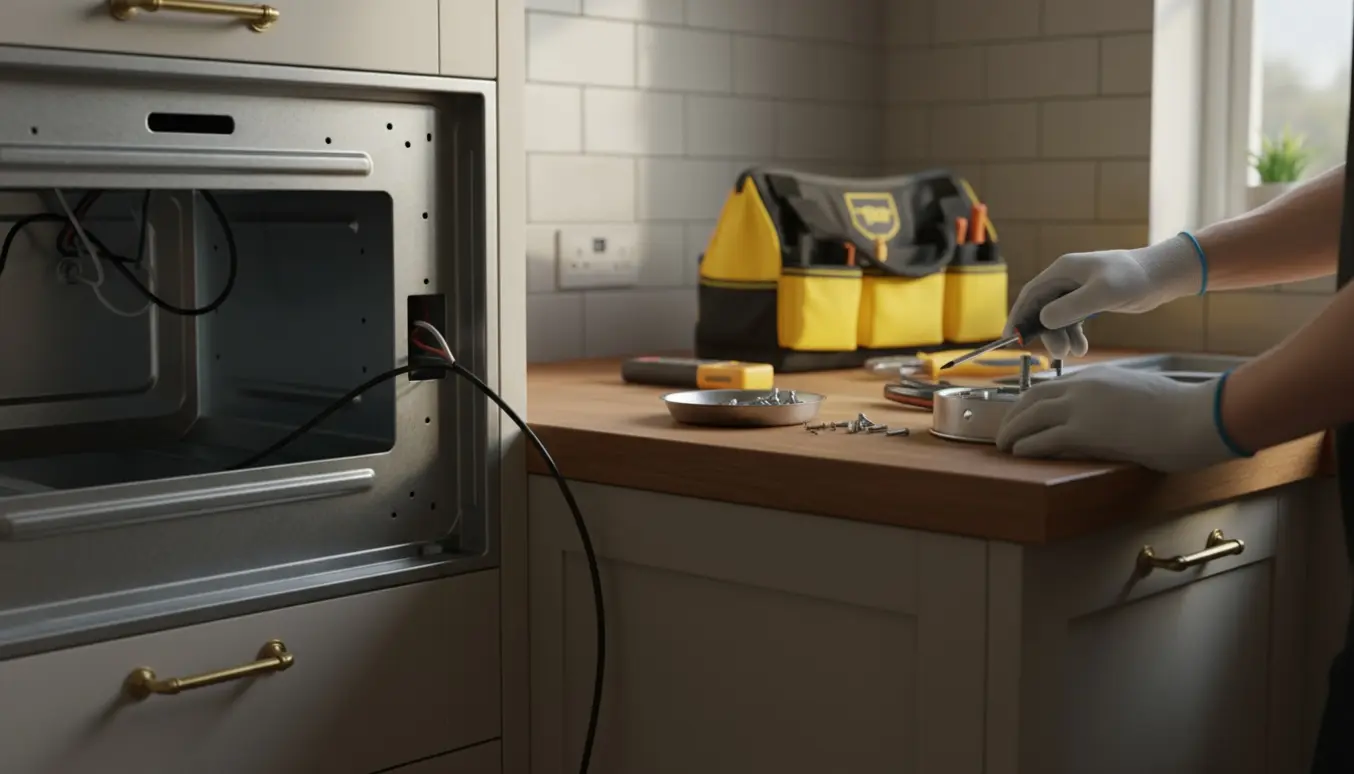 Hænder fra en elektriker fjerner en stikkontakt og et lampeudtag ved en tom ovnnisje i et køkken.