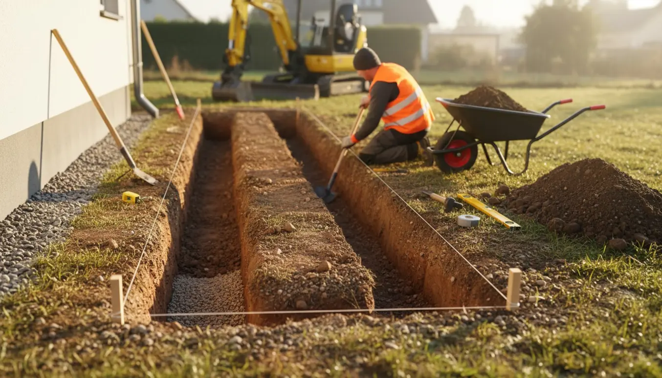 To smalle, nygravede rande ved et fundament med en arbejder med ryggen til, skovl og værktøj ved siden af.