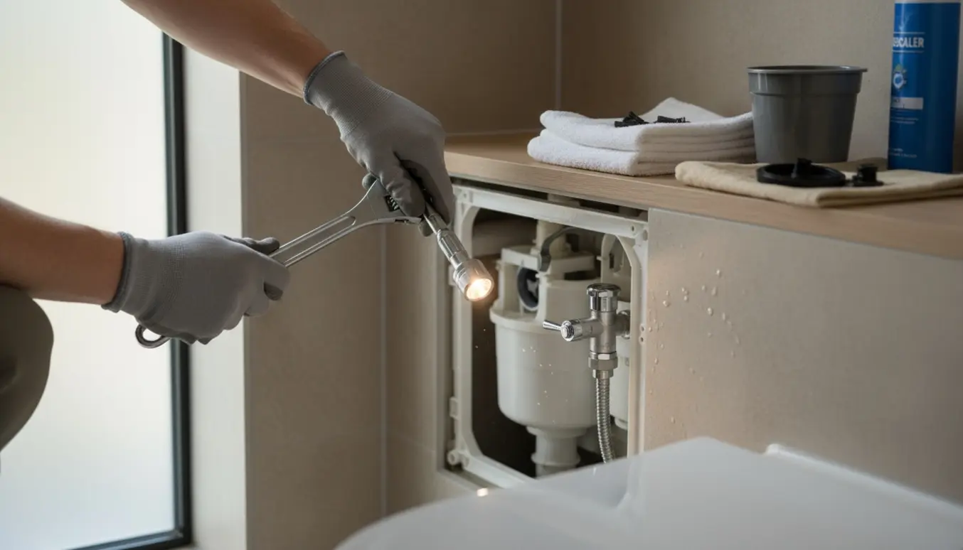 Hænder arbejder på den åbne indbyggede cisterne bag et væghængt toilet med værktøj og en spand.