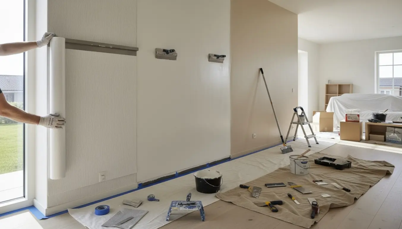 Køkken-alrum under renovering med filt på væg, fuldspartlet overflade og friskmalet væg.