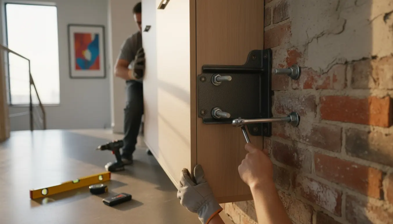 Nærbillede af hænder, der fastgør en skabssengs beslag til en tyk væg med værktøj i nærheden.