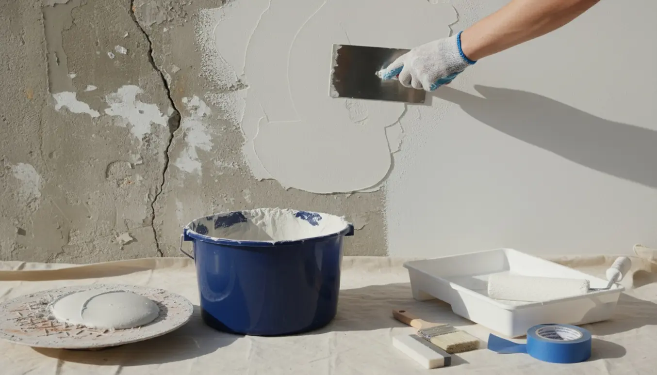 Nærbillede af hænder, der pudser og maler en beskadiget betonmur med spartel og malerrulle.