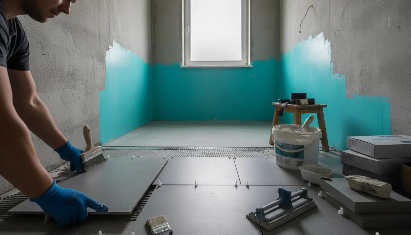 Vådrum under renovering med turkis vådrumssikring og delvist opsatte grå fliser samt værktøj.