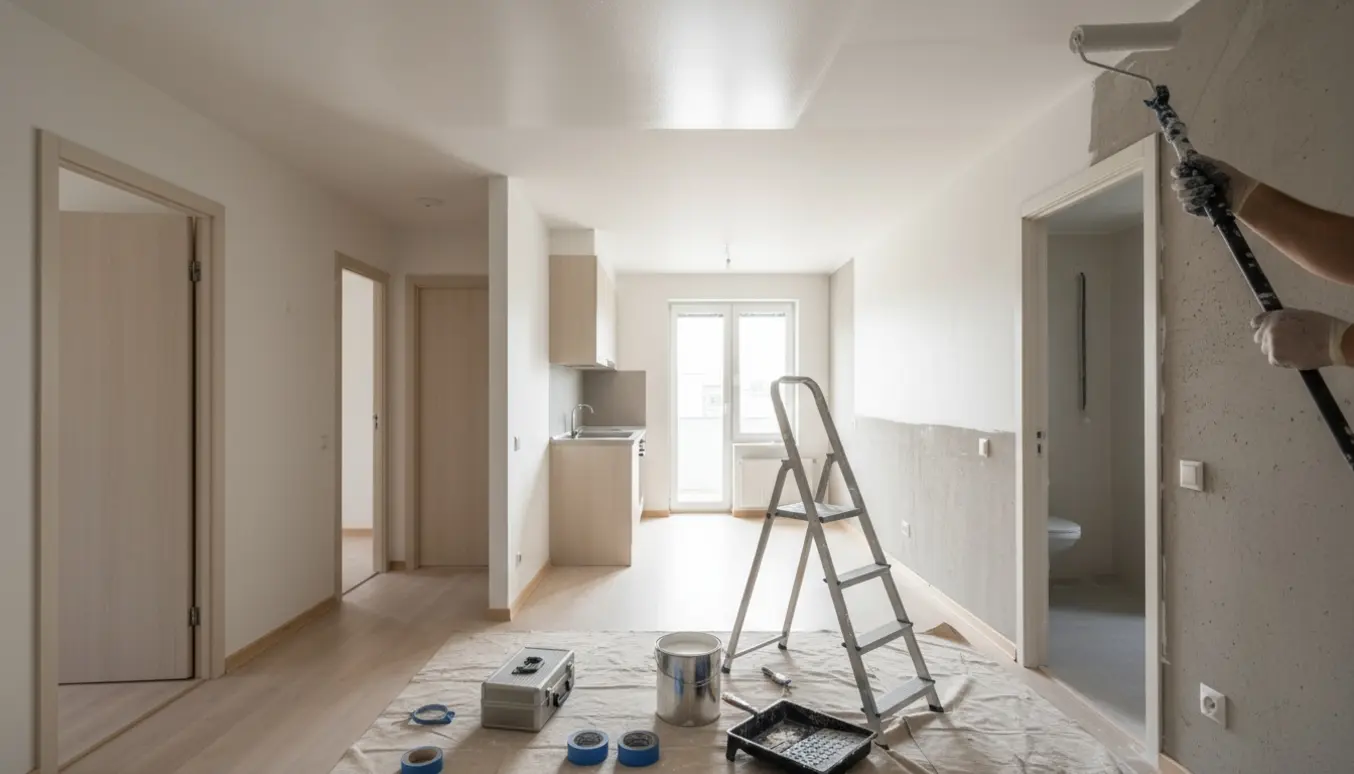 Maler med malerrulle og værktøj i en 66 m² lejlighed, der får et frisk lag på vægge og lofter.