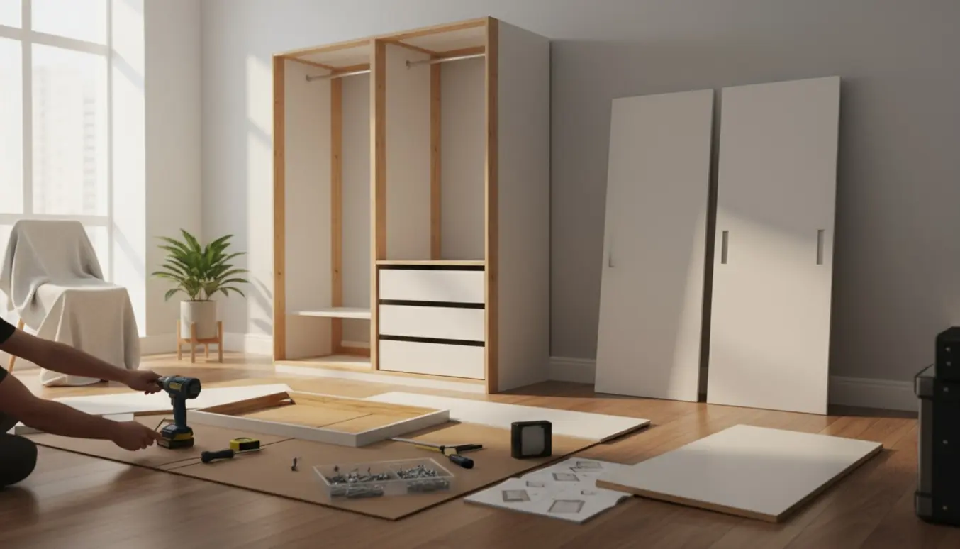 Delvist samlet IKEA-garderobe i et lyst værelse med værktøj og samlingdele på gulvet.