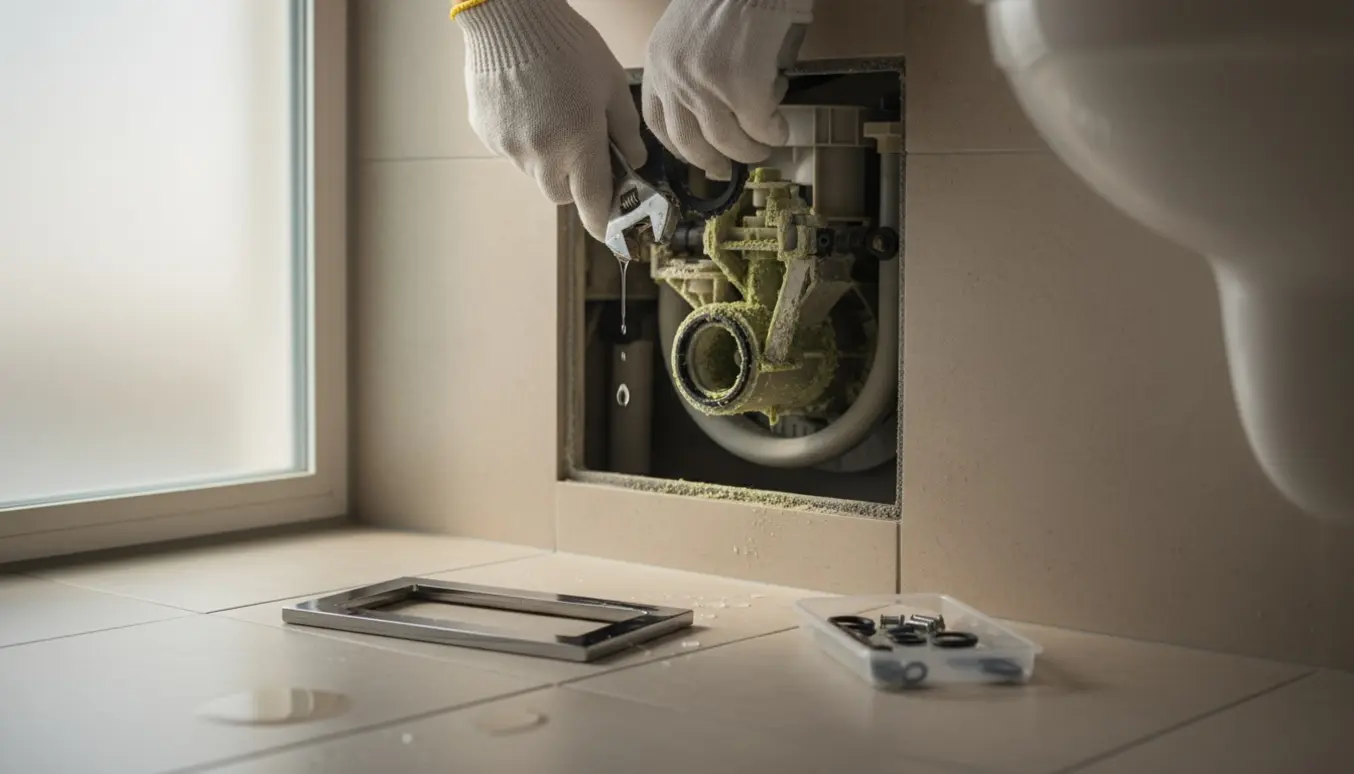 Nærbillede af åben indbygget cisterne med en hånd, der inspicerer en kalkbelagt udløbsventil gennem en fjernet betjeningsplade.
