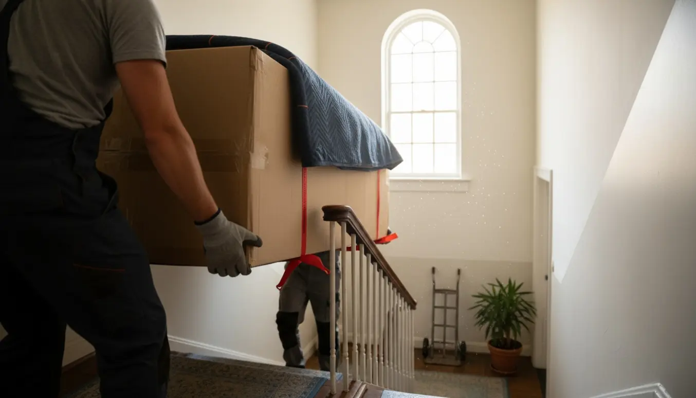 To personer bærer en indpakket boksmadras ned ad en trappe med ansigterne vendt væk.