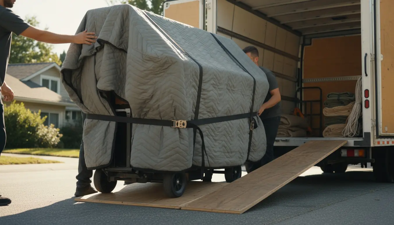 Et tungt klaver på en transportkærre bliver forsigtigt lastet ind i en flyttebil af et team med tæpper og stropper.