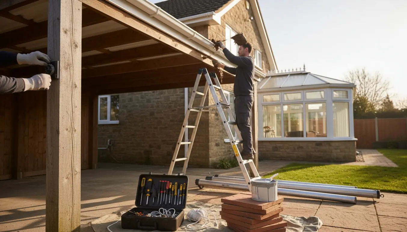 Handyman arbejder i carport med tænd/sluk-ur, stige til tagrende, åben værktøjskasse, malergrej og stabler af fliser.