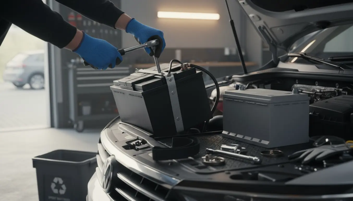 Nærbillede af udskiftning af start-stop batteri i en Passat 2020 i en lys garage.