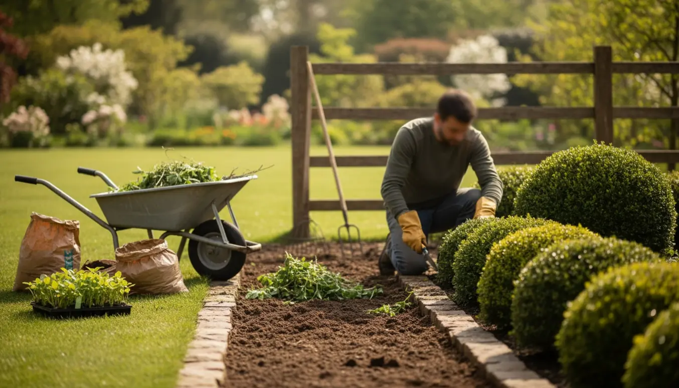 Person set bagfra luger ukrudt og anlægger et nyt bed i en solrig have.