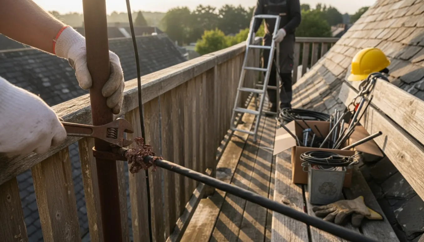 Person demonterer en rusten antenne fra taget fra 1. sals terrasse, klar til genbrug.