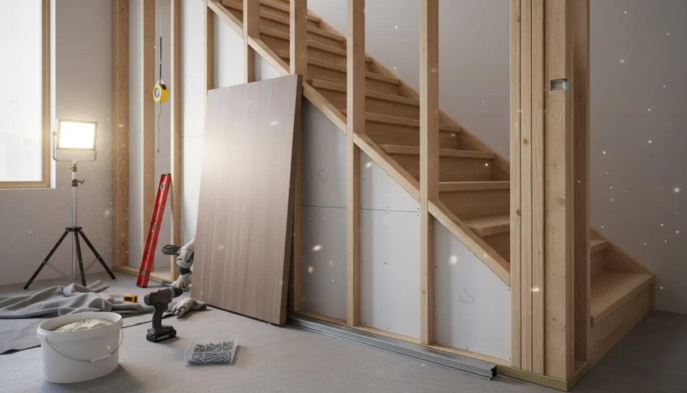 Arbejdsområde under trappe med ny væg i ramme, skydedørspanel og monteringsværktøj.