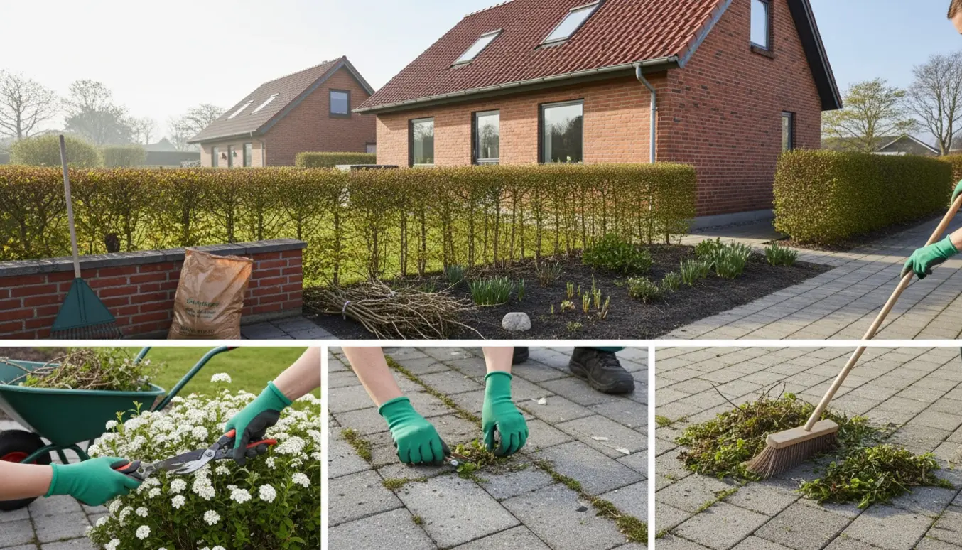 Forårsklargøring af forhave ved en rød murstensbolig med beskæring, ukrudtsfjernelse og fejning.
