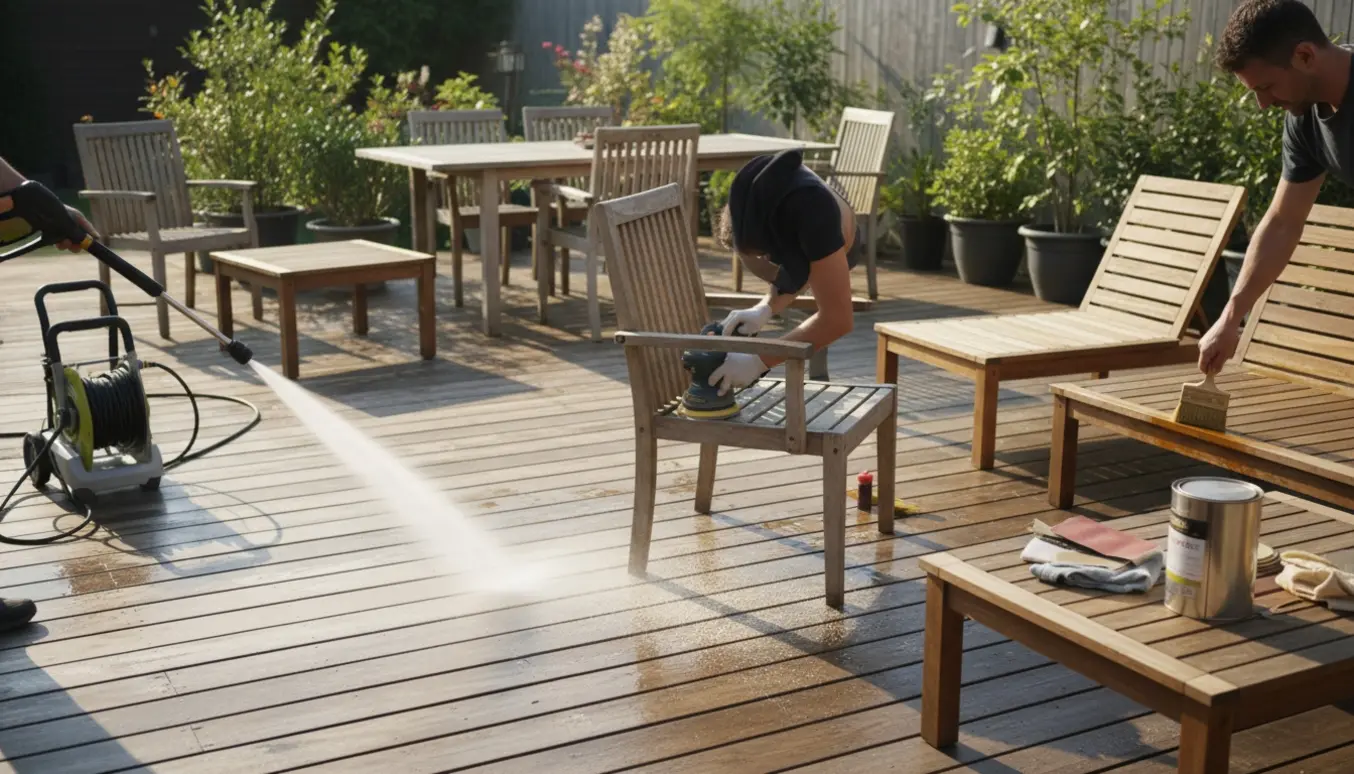 Højtryksrenser i gang på en træterrasse mens handsker, slibeværktøj og olie bruges til at slibe og olierer fire stole, bord og loungemøbler.