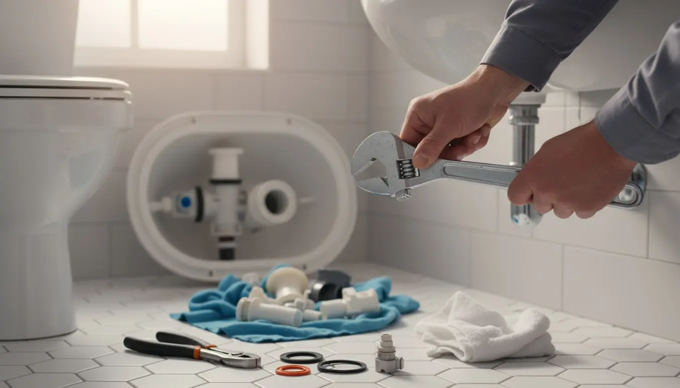 Nærbillede af hænder, der skifter blandingsbatteri ved håndvasken med åbent toiletcisterne og værktøj på fliserne.