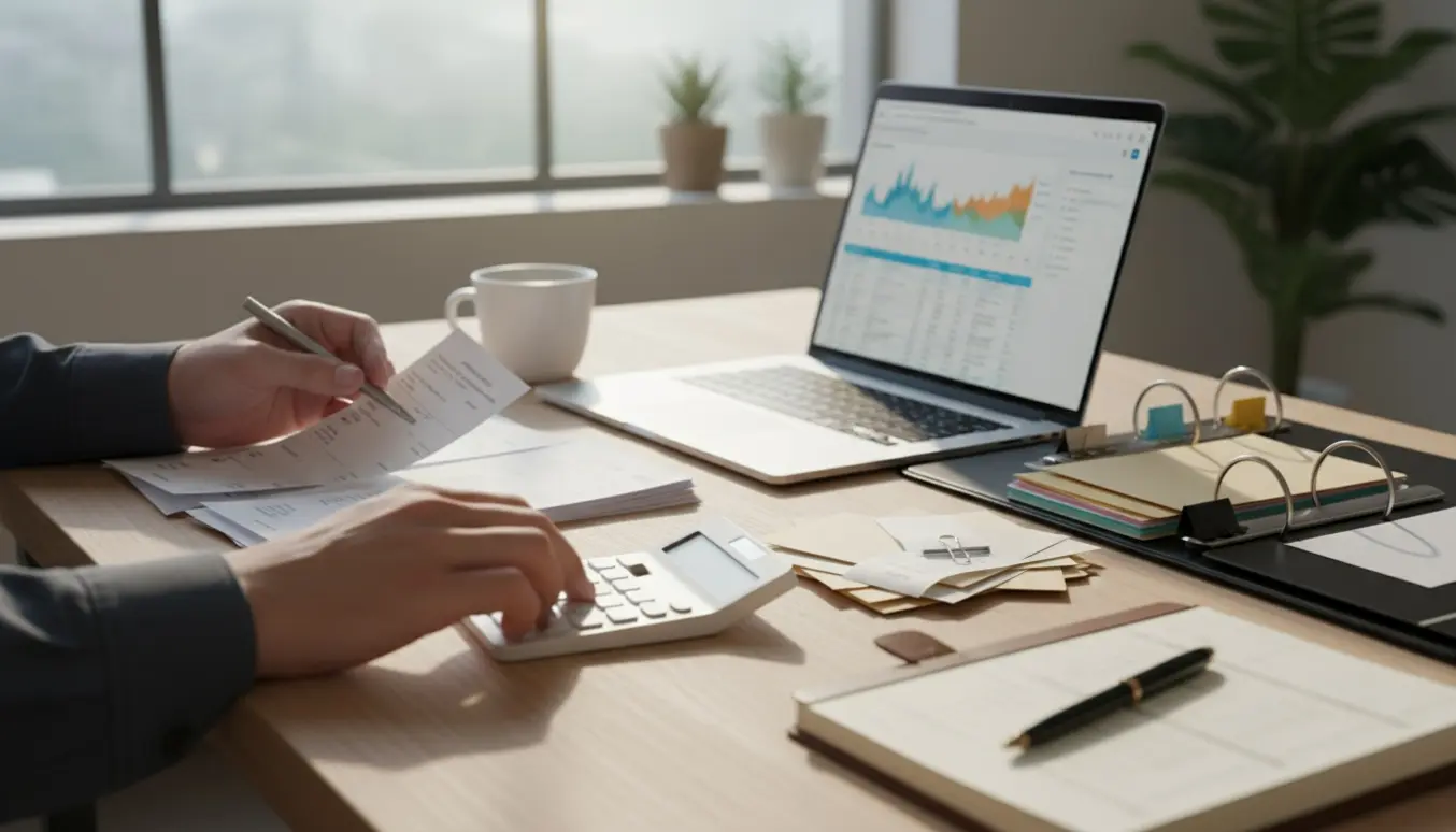 Hænder sorterer kvitteringer ved en bærbar computer og lommeregner på et lyst kontorbord.