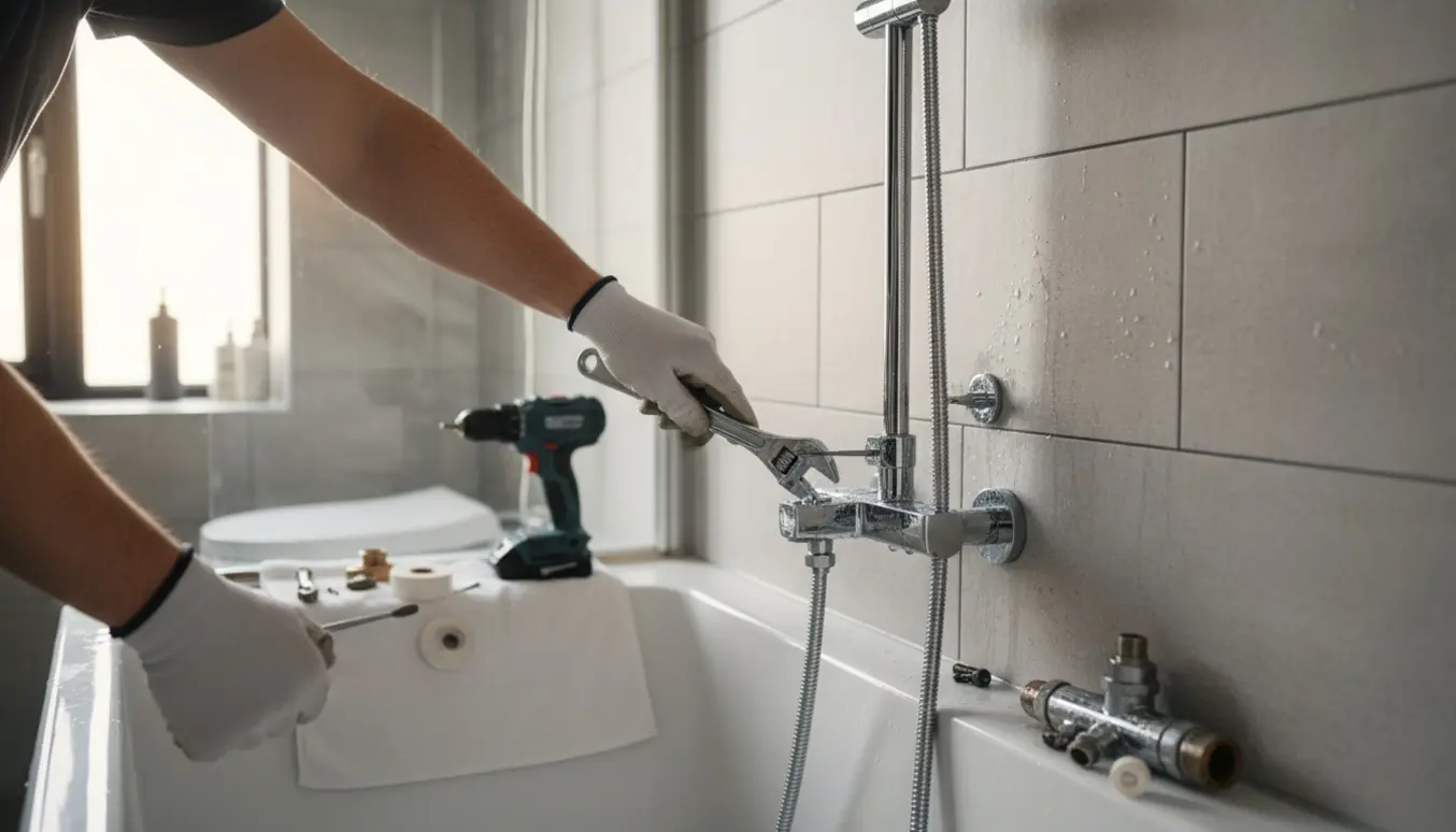 Håndværker udskifter et gammelt armatur og monterer en bruserstang i et flisebadeværelse.