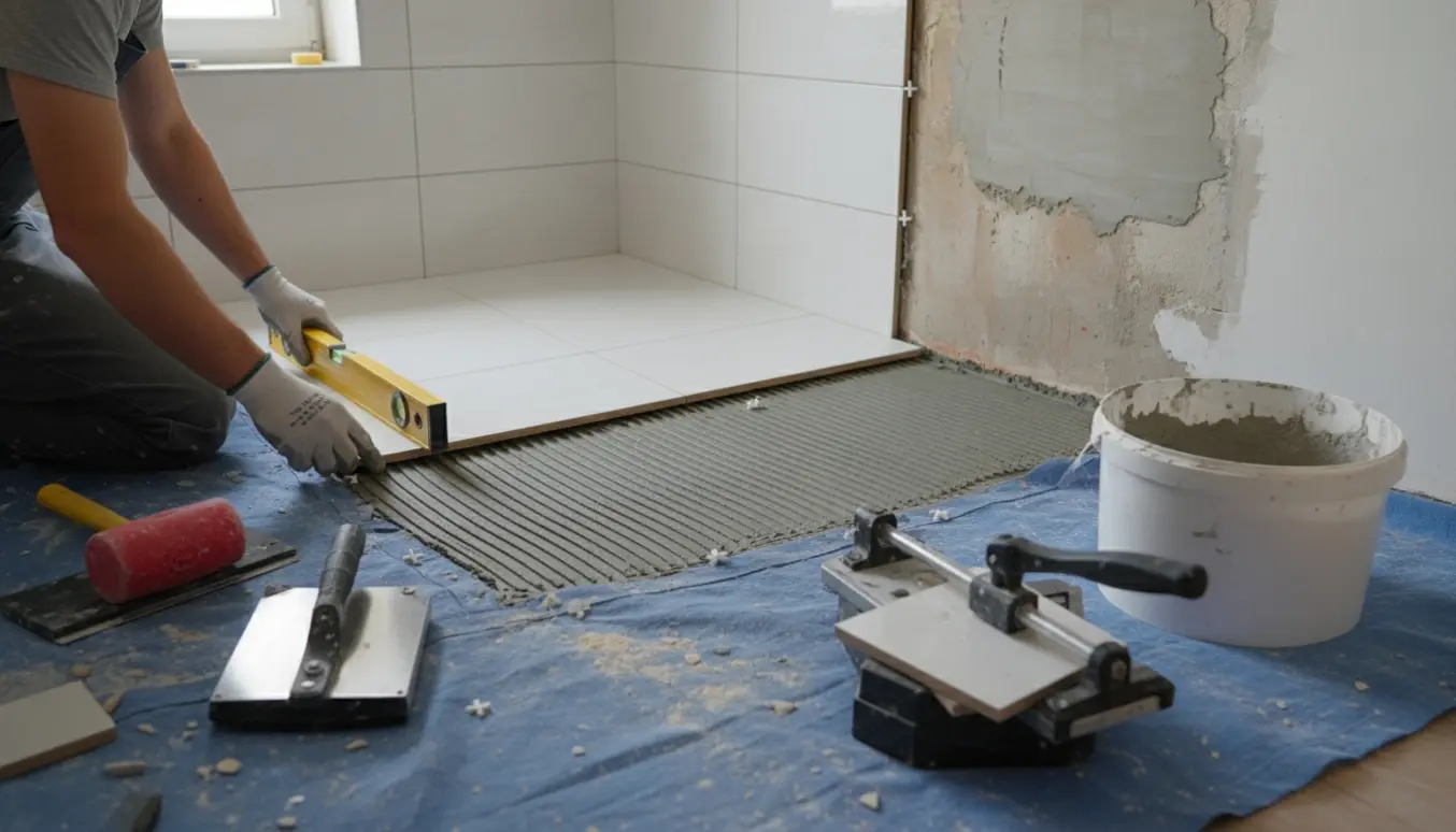 Hænder placerer en lang rektangulær klinke på badeværelsesgulvet under renovering med værktøj og frisk mørtel.