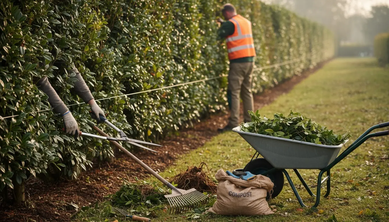 Nærbillede af hænder, der trimmer en lang Kirselaurbærhæk og fjerner ukrudt med værktøj og en trillebør i baggrunden.