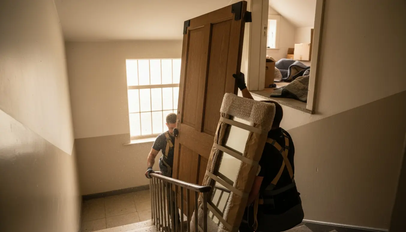 To hjælpere bærer en tung massiv trædør og et indpakket spejl op ad trappen til et loftsrum.