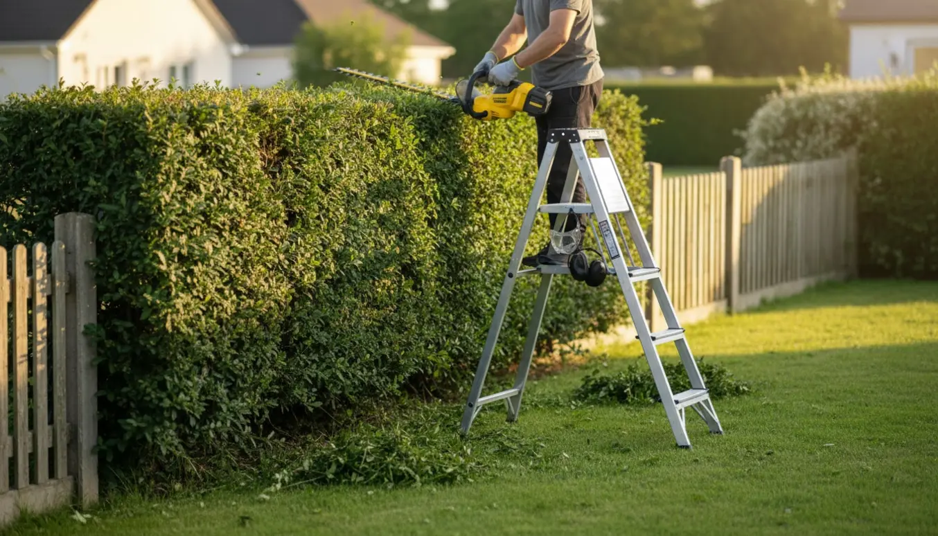 Person trimmer toppen af en tæt tjørnehæk på en stige med en elektrisk hækklipper og afklip på græsset.